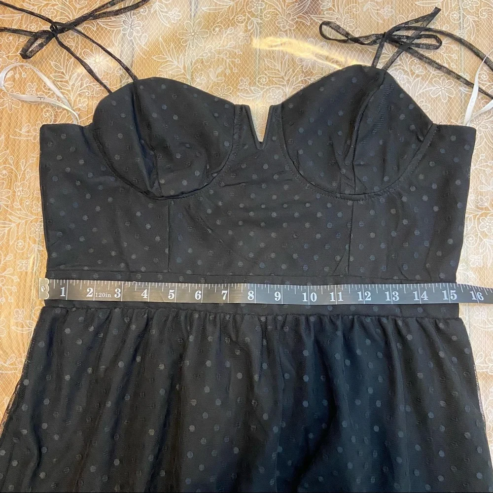 NWOT Lulus Romantic Spot Black Polka Dot Mesh Tiered Midi Dress - Picture 7 of 15